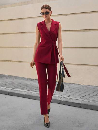CLARA VERO Women Solid Color Vest And Pant Suit Sets Two Piece Pant Set Women Womens Red Suit