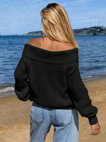 EURMUSE Women Long Sleeve Bardot Neck Sweater - Black - View 2