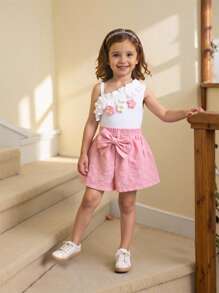 Baby Girls Cute Stylish Asymmetrical Shoulder Floral Decor Top With Pair Of Pink Bow Elastic Waist Shorts Set, Summer-Autumn Baby Girl Clothes Baby Girl Summer Clothes Baby Girl Shorts Set Toddler Girl Summer Outfit 2 Piece Baby Girl Set