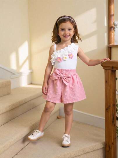 Elladie kids 女婴可爱时尚花卉装饰细肩带上衣搭配粉色蝴蝶结舒适夏/秋短裤T恤套装