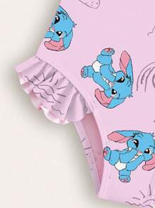 Young Girl Cartoon Print Ruffle Trim One-Piece Swimsuit School Clothes Back To School Clothes Puppy Keep Puppy Graphic Tees - Pink - View 5