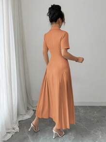 Elenzga Đầm Maxi trang trọng tay ngắn xếp ly kiểu Pháp thanh lịch, giản dị, công sở, màu trơn, cổ bẻ cài nút, eo cao cho nữ mùa xuân/hè - Màu Cam san hô - Xem 2