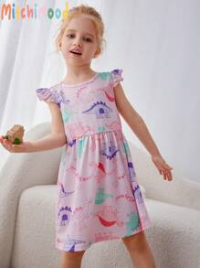 Vestido Estampado com Dinossauro para Bebê Menina, Vestido Simples e Estiloso de Primavera e Verão para Bebê Menina, Vestido Rosa Fofo de Verão para Bebês - Rosa chiclete - Visão 1