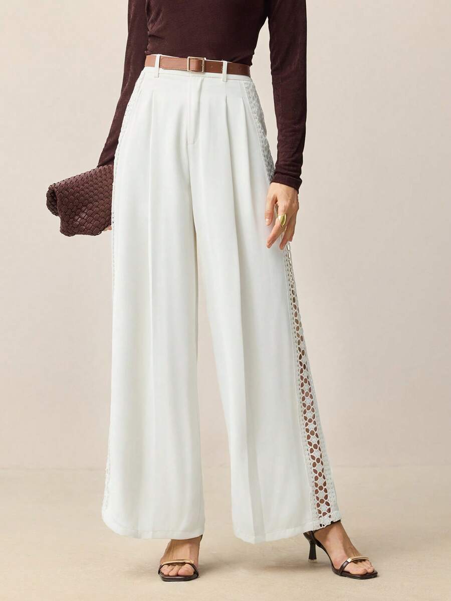 BizChic 女士时尚优雅简约白色褶皱阔腿裤 - 白色 - 查看 1