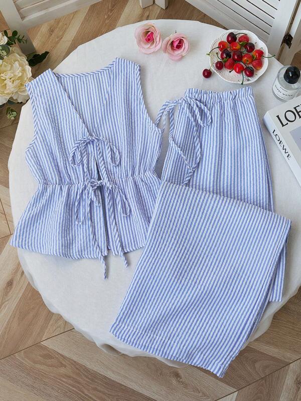 Sweetra Set de 2 bucăți: Pantaloni casual cu dungi și șireturi, drepți, stil stradal pentru femei, vară