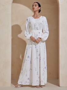 Graceveil Damen Kleid mit digitalem Muster, Rundhalsausschnitt, Langarm, Gürtel, schlicht & elegant im arabischen Stil