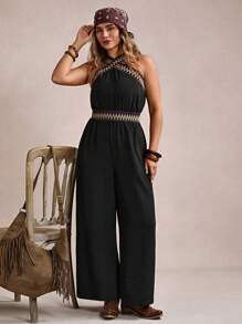 Freevana Plus Size Vacation Cross V-Neck Strap Summer Boho Jumpsuit With Long Pants - Black - View 4