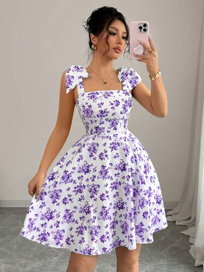 Elenzga Nuevo vestido de línea A con lazada en los hombros y cinturilla con estampado floral diminuto, estilizador, elegante, informal, apto para uso diario y vacaciones
