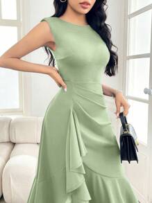 Modelyn Women's Solid Color Sleeveless Ruffle Lace Trim Bodycon Dress Long Evening Dresses - Green - View 2