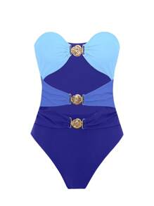 Swim Chiccia Blue Solid Color Strapless Hollow Out Backless Sexy Elegant Casual Vacation Party Holiday One Piece Swimsuit Swimwear Beachwear For Women, Spring/Summer - Multicolor - View 4