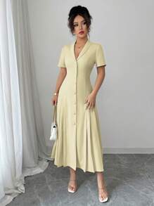 Elenzga Women's Spring/Summer French Elegant Formal Slim Fit Collared Button Front Short Sleeve Dress - Light Yellow - View 3