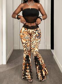 BamGleam Damen stilvolle Streetwear Lässig Leggings mit Leoparden-Muster und Spitze-Patchwork