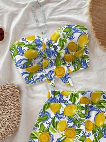 Soleia 女士复古蓝白花卉和柠檬印花短款上衣和短裤两件套，适合假日、约会、下午茶、派对、音乐节、波西米亚风度假休闲穿着 - 黃色 - 查看 3