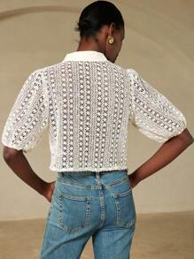 BELROSIE Women's Crochet Textured Fabric Collared Puff Sleeve Blouse With Pearl Buttons, Elegant Versatile Retro French Style Short Sleeve Shirt - Multicolor - View 2