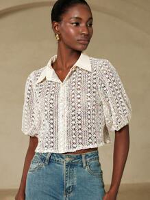 BELROSIE Women's Crochet Textured Fabric Collared Puff Sleeve Blouse With Pearl Buttons, Elegant Versatile Retro French Style Short Sleeve Shirt - Multicolor - View 3