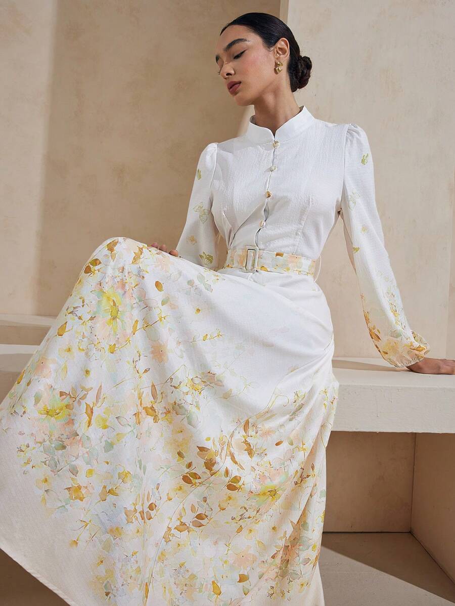 Graceveil 立领图案中长连衣裙（配腰带） - 黃色 - 查看 1