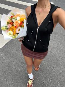 SHEIN EZwear Summer Hoodie Black Sleeveless Backless Hooded Zipper Sweatshirt In Fall/Winter - Black - View 6