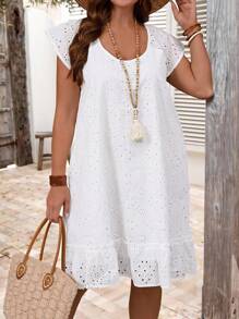 EMERY ROSE Abito largo da donna stile vacanza estiva, tinta unita, in rete con ricamo, manica raglan, taglie comode
