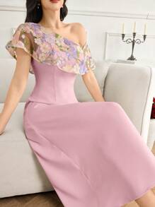 Modelyn Vestido de verano de longitud media elegante con bordado colorido y estampado floral en color albaricoque, apropiado para ceremonia de graduación y fiesta de cóctel - Rosa - Ver 2