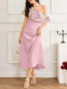 Modelyn Vestido de verano de longitud media elegante con bordado colorido y estampado floral en color albaricoque, apropiado para ceremonia de graduación y fiesta de cóctel - Rosa - Ver 5