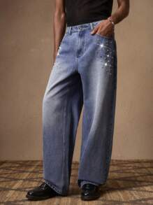 AKNOTIC Men's Blue Rhinestone Casual Straight-Leg Jeans, Suitable For Summer, Vacation, Daily Wear, Party, Gift For Men, For Rave - Medium Wash - View 4