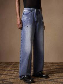 AKNOTIC Men's Blue Rhinestone Casual Straight-Leg Jeans, Suitable For Summer, Vacation, Daily Wear, Party, Gift For Men, For Rave - Medium Wash - View 5