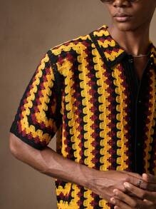 AKNOTIC Men's Yellow & Black Zigzag Knit Cardigan, Fitted Short Sleeve Casual Open Front Fall Sweater, Suitable For Casual, Spring/Summer, Vacation, Party, Couples Matching - Yellow - View 7