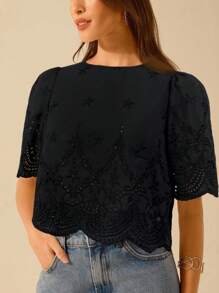 CAJUNI Women's Lace Hollow Short Top With Shoulder Ruching, Vacation Casual - Black - View 4