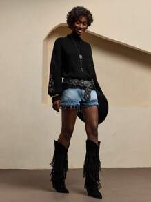 Bóhologie Women Solid Color Flower Embroidery Detailed Mock Neck Drop Shoulder Pullover Black Sweater Sweaters For Women,Jumper,Cream Jumper,Jumpers,Womens Jumper,White Jumper,Women's Jumper,Women's Jumpers,Winter Clothes - Black - View 6