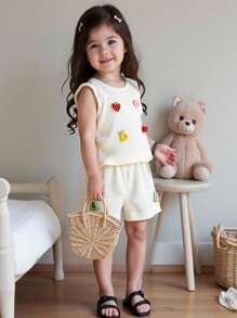 SHEIN Baby Girl Summer New Hollow Knit Sleeveless Tank Top + Beige Casual Shorts Set - Beige - View 1