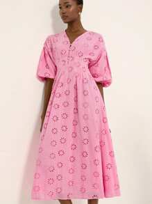 Aveloria Rosie 精致刺绣灯笼袖连衣裙，V领，收腰设计，优雅别致的连衣裙，百搭 - 粉色 - 查看 3