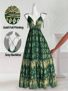 Breezaya Boho 女式 V 领性感优雅露背交叉系蝴蝶结金箔花卉印花波西米亚海滩连衣裙，荷叶边下摆无袖 2025 春夏新款演唱会服装毕业婚礼嘉宾晚礼服生日礼服演唱会服装女式长款连衣裙 - 綠色 - 查看 5