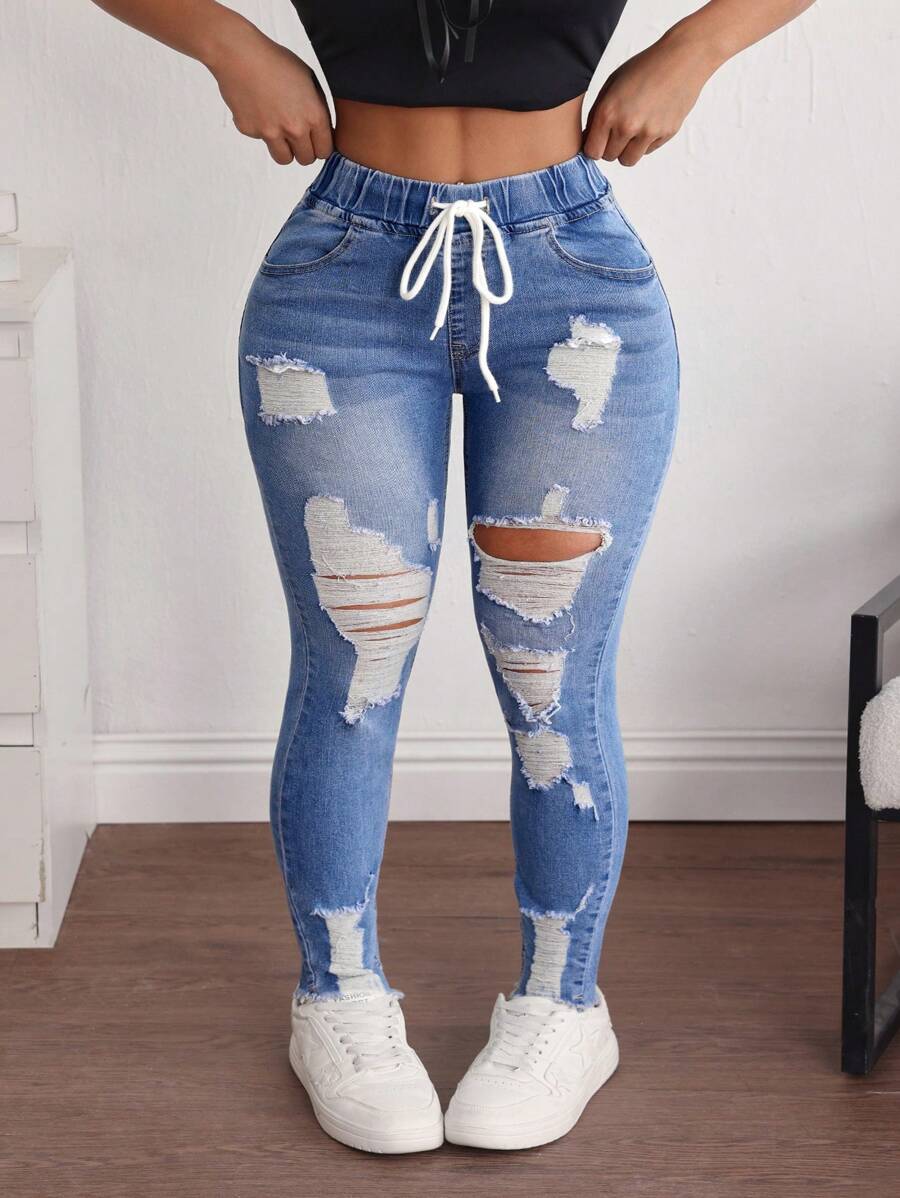 SHEIN SXY 大码女式抽绳腰口袋做旧紧身休闲牛仔裤 - 藍色 - 查看 1