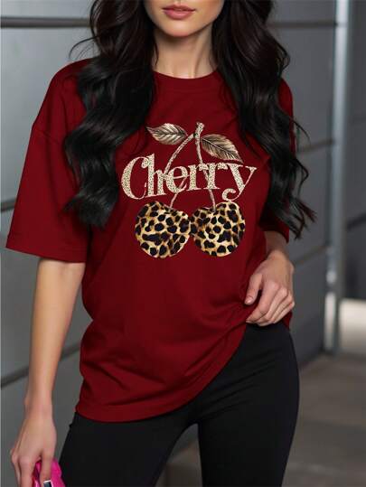 INAWLY 时尚街头百搭豹纹和樱桃印花圆领勃艮第红短袖女式上衣