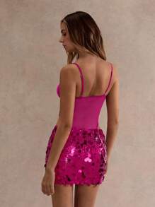 Glamine Women's Sequins Patchwork Hollow-Out Sleeveless Mini Dress,Summer,Pink 70s Night Out Party Club Birthday Sequin Skirt - Hot Pink - View 7
