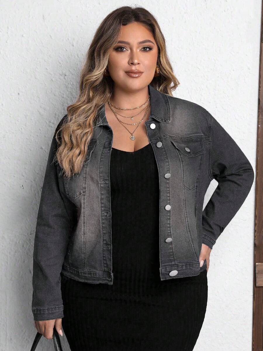 EMERY ROSE Plus Size Women's Long Sleeve Single Breasted Stretch Denim Jacket - Grey - View 1