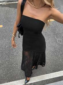 Siren Gaze 女士蕾丝下摆露肩连衣裙 - 黑色 - 查看 2