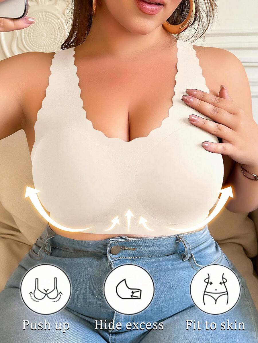 女士加大码纯色拱形无钢圈运动文胸 - 杏色 - 查看 1