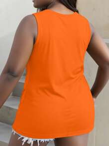 SHEIN EZwear 大码女式口号桃色印花休闲圆领背心，夏季 - 橘色 - 查看 2