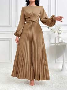 Modelyn 优雅纯色腰部褶饰长袖女式阿拉伯风格连衣裙