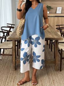 Weeklong 2pcs/Set Plus Size Sleeveless Leisure Vacation Style Floral Cut-Out Outfit
