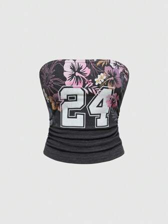 Grunge Punk Sportlich-legerer Bandeautop mit Hibiskusblumen-Muster für den Urlaub, tailliert geschnitten