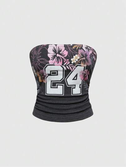 Grunge Punk Sportlich-legerer Bandeautop mit Hibiskusblumen-Muster für den Urlaub, tailliert geschnitten