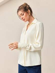 BizChic Cream White Autumn Business Casual Office Women's Elegant Blouse,Vintage 90s Stockholm Style Pleated Patchwork Shirt For Wedding Guest&Vacation - White - View 5