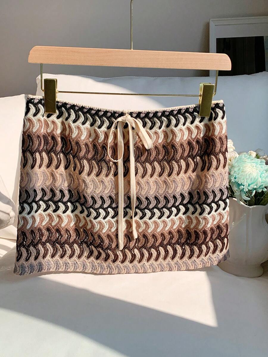 SHEIN EZwear Plus Size Casual Colorful Striped Lace-Up A-Line Skirt Crochet Skirt Knit Skirt,Back To School - Multicolor - View 1