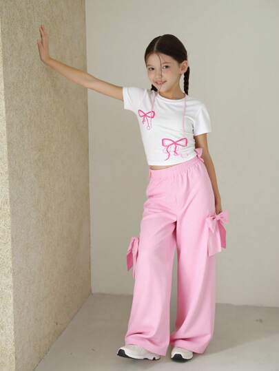 Sparklyn 青少年女孩蝴蝶结装饰粉色上衣和工装裤两件套，街头时尚时尚可爱舒适的日常服装