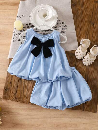 LMoss Kids 2pcs/Set Baby Girls' Woven Solid Color Bowknot Decor Sleeveless Top And Shorts Set