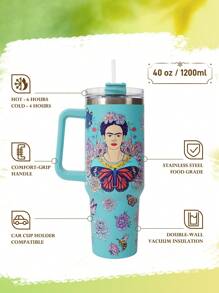 Frida Kahlo X SHEIN 40oz Tumbler With Handle, Insulated Cup, Vacuum Insulated Water Bottle, Stainless Steel Travel Mug, Car Mug