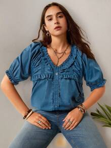 SHEIN LUNE Plus Size Women Slouchy Casual Style Summer Fourth Of July Women Cozy Fit Sweet Blouse Holiday Teacher Boho Graduation Blouse Beach Vacation - Blue - View 8