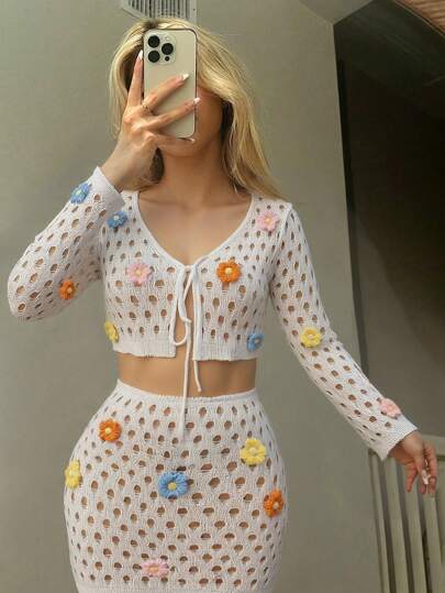 Swim Mod Women Elegant White Floral Printed & Tie-Up Knit Kimono For Summer Beach Vacation